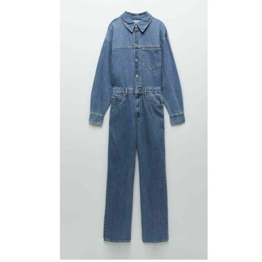 ZARA Blue Long Denim Jumpsuit - S
